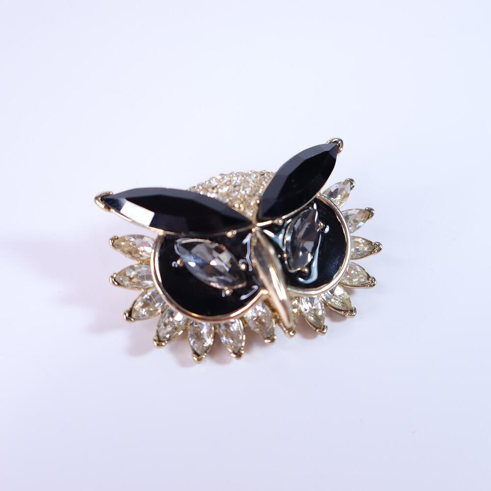 BANANA REPUBLIC Owl Brooch Pin Gold and Black with CZ Gems